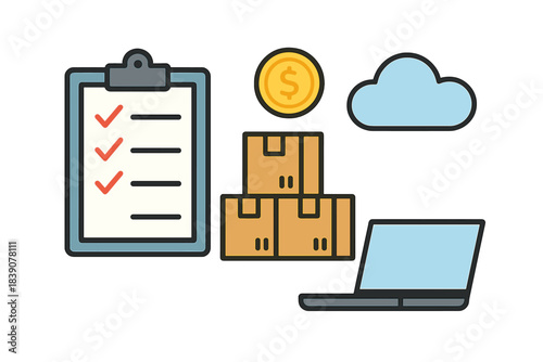 E-commerce logistics checklist money cloud and laptop icons for digital business