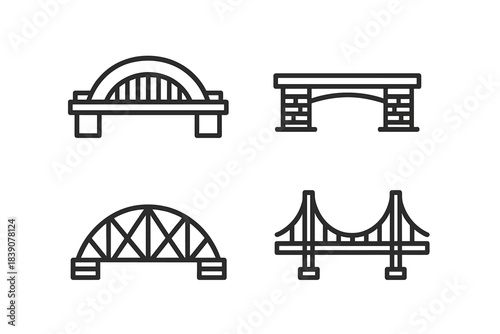 Simple black outline icons of bridge types including arch and suspension designs