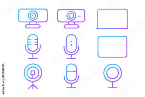 Streaming and content creation equipment line icons set with gradient colors