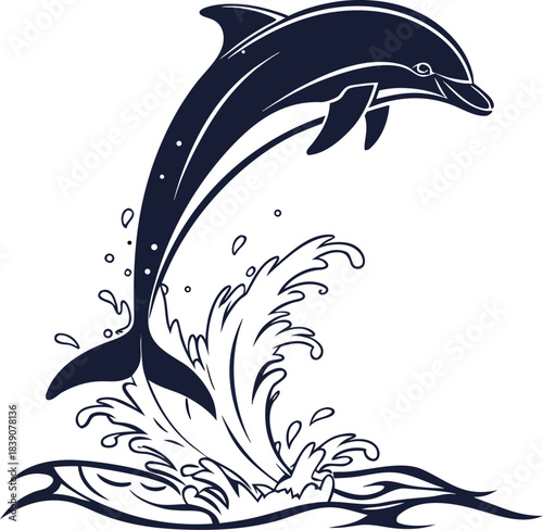 A sleek dolphin silhouette leaps from the water in a vector icon