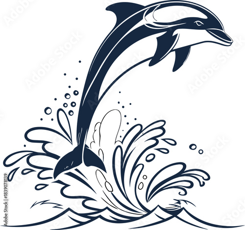 A sleek dolphin silhouette leaps from the water in a dynamic splash