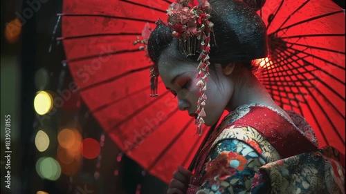 Sad Maiko with Red Umbrella Standing in Rain at Night
