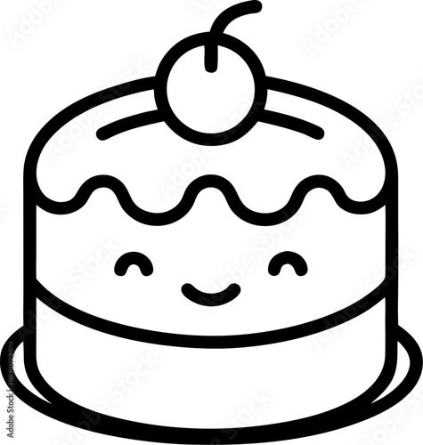 A simple outline of a birthday cake with an emoji face