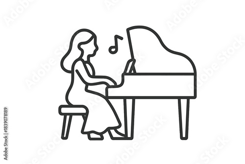 Seated woman playing a grand piano from the side view