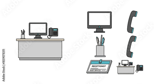 Vector illustration of an office desk setup with a computer and phone, alongside individual office equipment components and a receptionist sign.