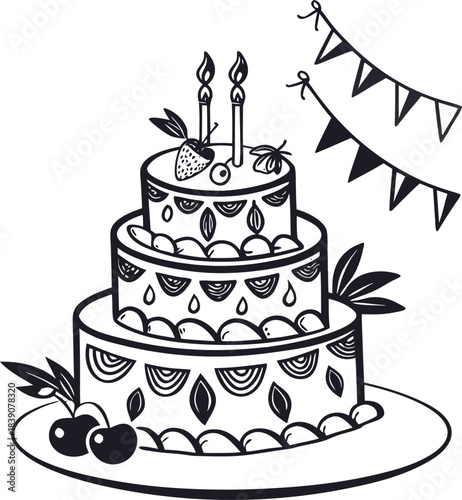 A simple black silhouette of a celebratory party cake icon