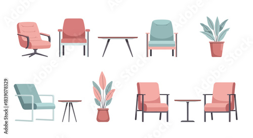 A diverse set of modern armchairs, side tables, and potted plants in a flat vector illustration style.