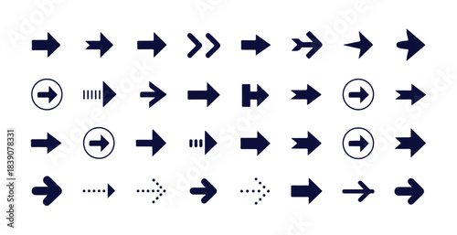 Set of black universal right arrows collection, various shapes pointer signs, web and app interface symbols