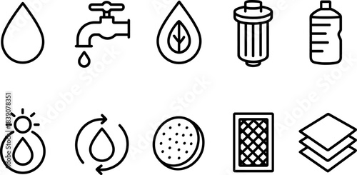 Water faucet and filtration icons set. Drops, taps, eco water filters, plumbing outline symbols