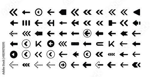 Set of black arrows isolated on white background depicting a variety of directions and movements
