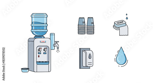 Illustration of a water cooler, cups, soap, and water drop icons representing hydration and hygiene.