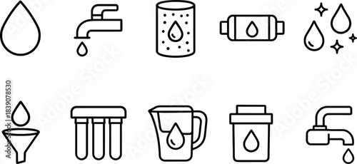 Water faucet and filtration icons set. Drops, taps, eco water filters, plumbing outline symbols