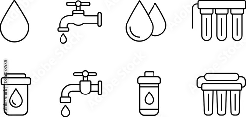Water faucet and filtration icons set. Drops, taps, eco water filters, plumbing outline symbols