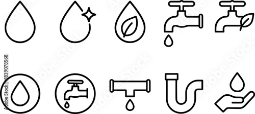Water faucet and filtration icons set. Drops, taps, eco water filters, plumbing outline symbols
