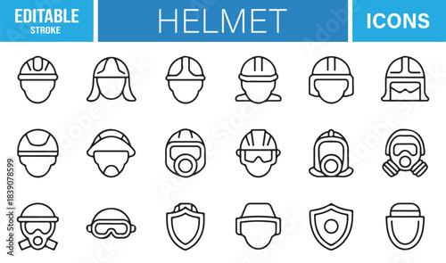 Comprehensive Helmet Icon Pack Depicting Jobsite Protection Gear, Safety Masks, Goggles, Shields, and Worker Safety Elements