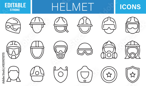 Clean Helmet Symbol Collection Including Protective Masks, Shields, Construction Gear, Worker Headgear, and Safety Equipment