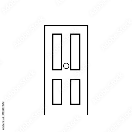 “A minimalist black-and-white illustration of a closed “A simple, modern line-art depiction of a front-facing door, black silhouette with white border, white round doorknob, centered on a blank white 