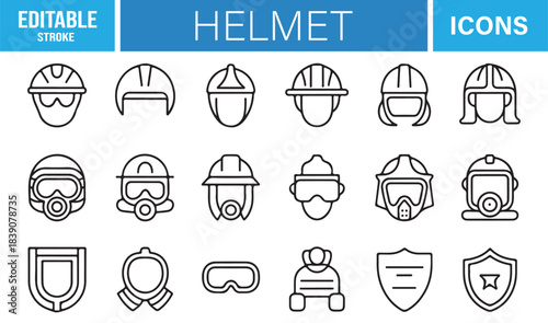 Vector Icon Set Showing Worker Helmets, Respirators, Industrial Masks, Safety Shields, and Jobsite Protection Elements