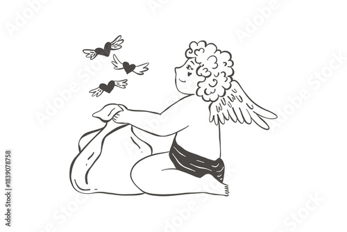 Cute angel holding a bag with flying hearts. Valentine's Day, love. Cute cupid with wings.