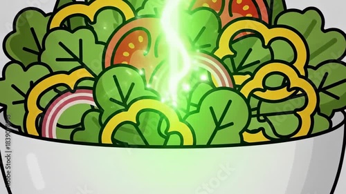 Fresh Salad Bowl with Green Laser Beam Animation.