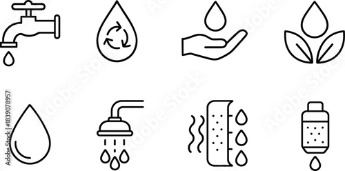 Water faucet and filtration icons set. Drops, taps, eco water filters, plumbing outline symbols
