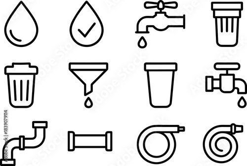 Water faucet and filtration icons set. Drops, taps, eco water filters, plumbing outline symbols