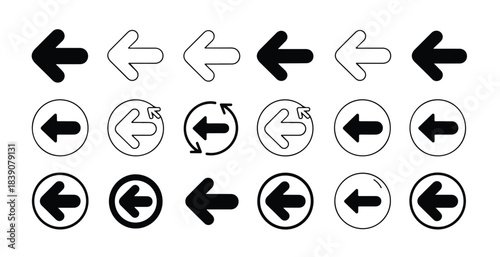 Set of left pointing arrows in solid and outline styles within and without circles on white background