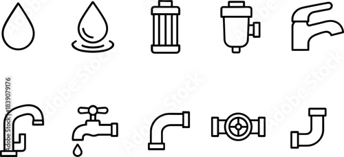 Water faucet and filtration icons set. Drops, taps, eco water filters, plumbing outline symbols