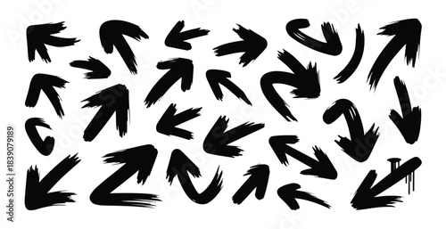 A collection of bold and expressive hand drawn brush stroke arrows pointing in various directions