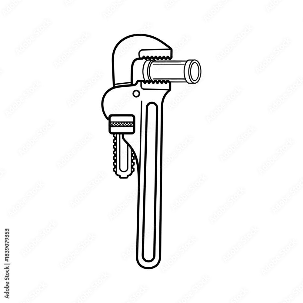 Naklejka premium Adjustable Pipe Wrench Tool Illustration, Plumbing Equipment, Isolated Design, Technical Graphic, Front View