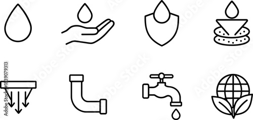 Water faucet and filtration icons set. Drops, taps, eco water filters, plumbing outline symbols