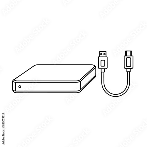 External hard drive connected via USB cable to a computer, showcasing data storage technology.