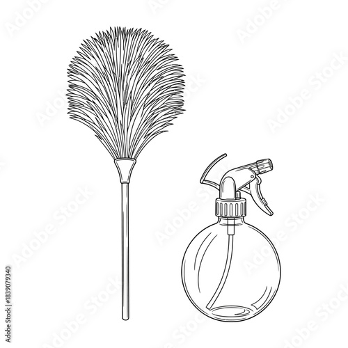 Cleaning Tools Duster and Spray Bottle Illustration with Line Art Style for Home Maintenance