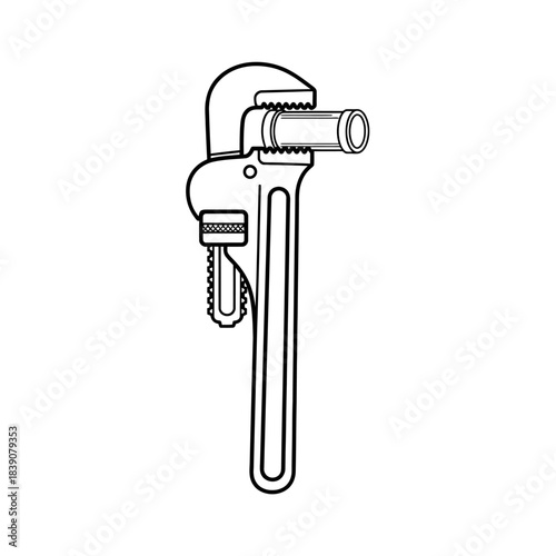 Adjustable Pipe Wrench Tool Illustration, Plumbing Equipment, Isolated Design, Technical Graphic, Front View