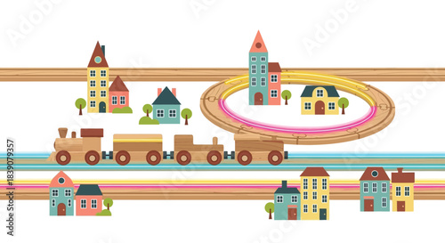 Colorful illustration of a toy train traveling through a miniature town with buildings and houses.