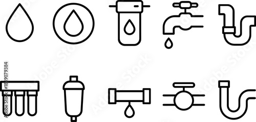 Water faucet and filtration icons set. Drops, taps, eco water filters, plumbing outline symbols