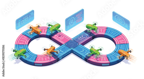 Colorful infinity loop with toy frogs representing continuous development process.