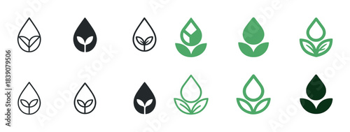 Leaf and plant icons in green and black variants
