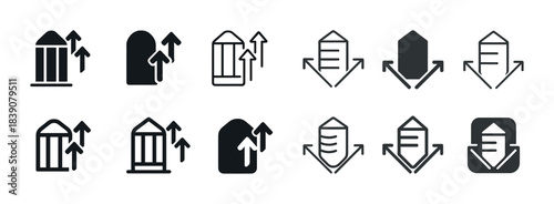 Arrow envelope icons set: mailbox up and down arrows in various styles