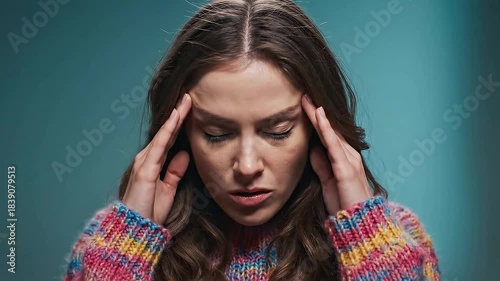 Young Woman Experiencing Headache And Stress While Wearing A Colorful Sweater Against A Teal Studio Background