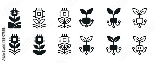 Set of botanical tech icons: circuit plants symbolizing nature and technology integration