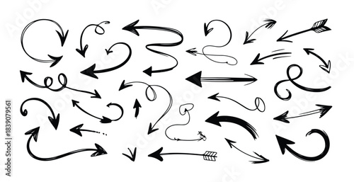 Collection of hand drawn doodle arrows in different shapes and styles isolated on white background
