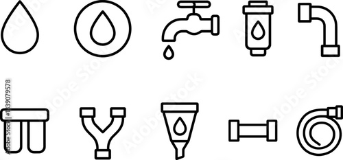 Water faucet and filtration icons set. Drops, taps, eco water filters, plumbing outline symbols