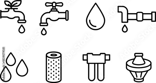 Water faucet and filtration icons set. Drops, taps, eco water filters, plumbing outline symbols