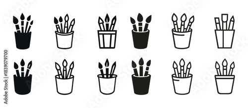 Black and white paint brush icons in various containers