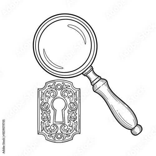 Magnifying glass hovering over an ornate antique keyhole, symbolizing curiosity and discovery