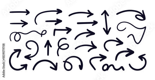 Set of black hand drawn arrows isolated on white background pointer direction sign doodle style