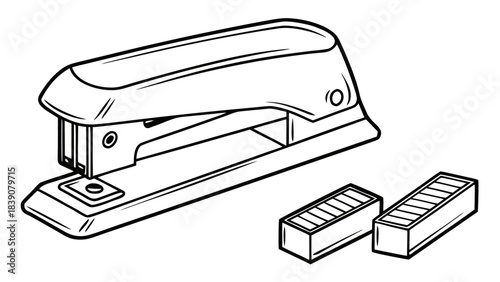 A black and white outline drawing of a stapler and staple refills on a plain background
