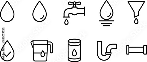 Water faucet and filtration icons set. Drops, taps, eco water filters, plumbing outline symbols