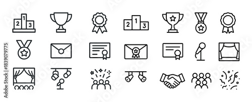 Award and recognition icons set featuring trophies medals certificates and crowns